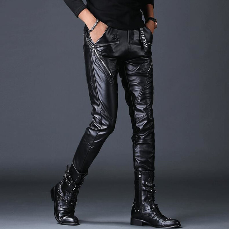 Versi Korea Baru dari Celana Kulit Pria Mewah Celana Pensil Ketat Rock Jalanan Celana Sepeda Motor Punk Tren Klub Malam