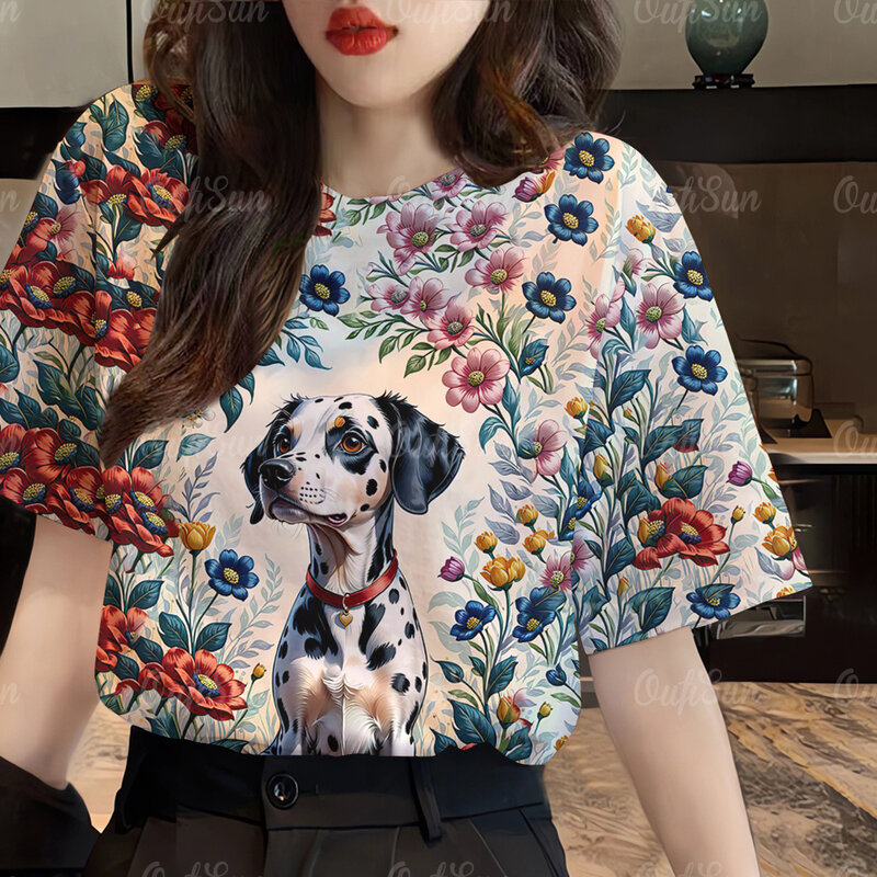 여성용 3D 개 프린트 티셔츠, 하루주쿠 카와이 오버사이즈, O넥 상의, 여성 의류 2024, 여름 패션