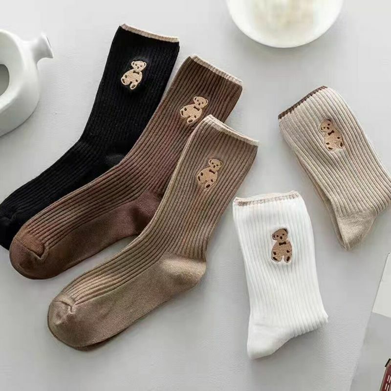 5Pair Cute Bear Socks Kawaii Cute Women Socks Tube Socks Ins Trendy All-match Girls Student Socks Summer White Ladies Thin Socks