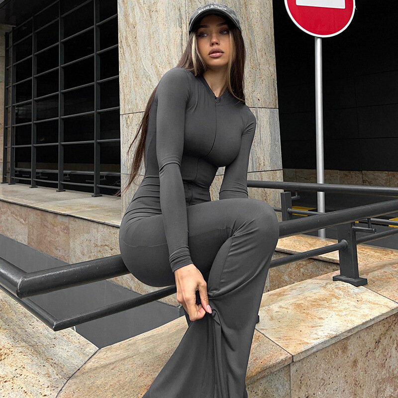Cryptographic Autumn Fashion Casual Zip Up Bodycon Jumpsuits Outfits for Women Unitards One Piece Long Sleeve Rompers Overalls