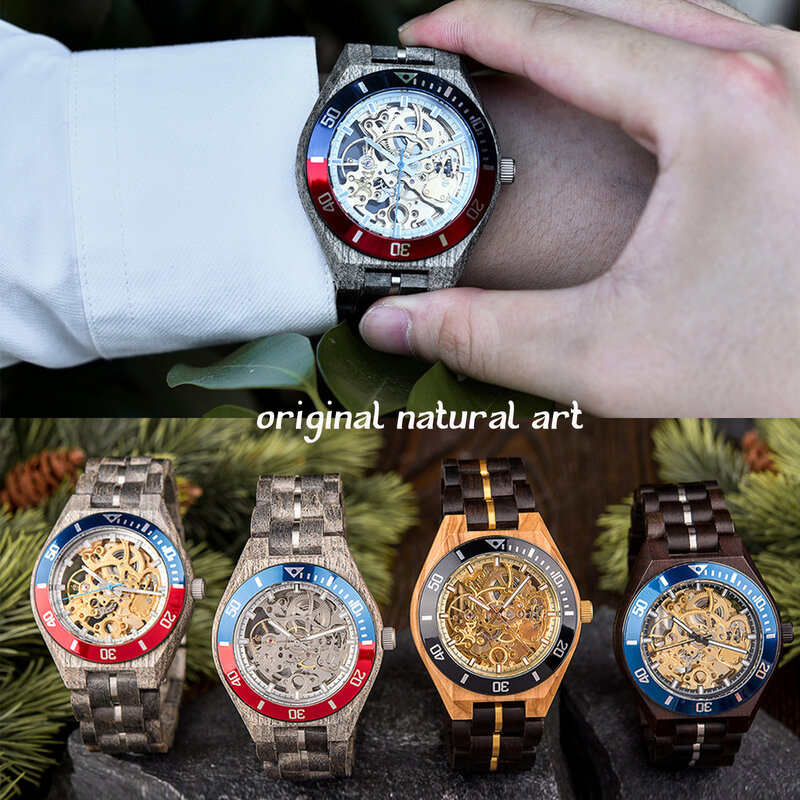 Herren mechanische Uhren Holz und Edelstahl kombiniert Multifunktions-Chronograph kratz feste Glas Herren Geschenk uhr