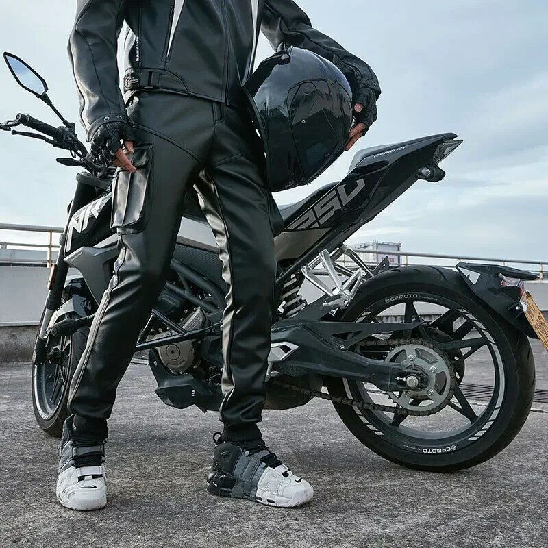Idopy Cool Motorcycle Faux Leather Pants Warm Autumn Winter PU Waterproof Windproof Biker Cargo Pants Trousers For Man