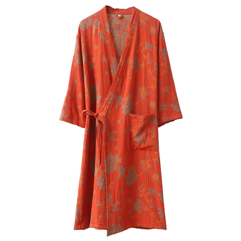 Women's V-neck Floral Print Kimono Sleeprobe Cardigan Long Robe 100% Cotton Gauze Long Sleeve Belt Bath Robe Loose Vestidos