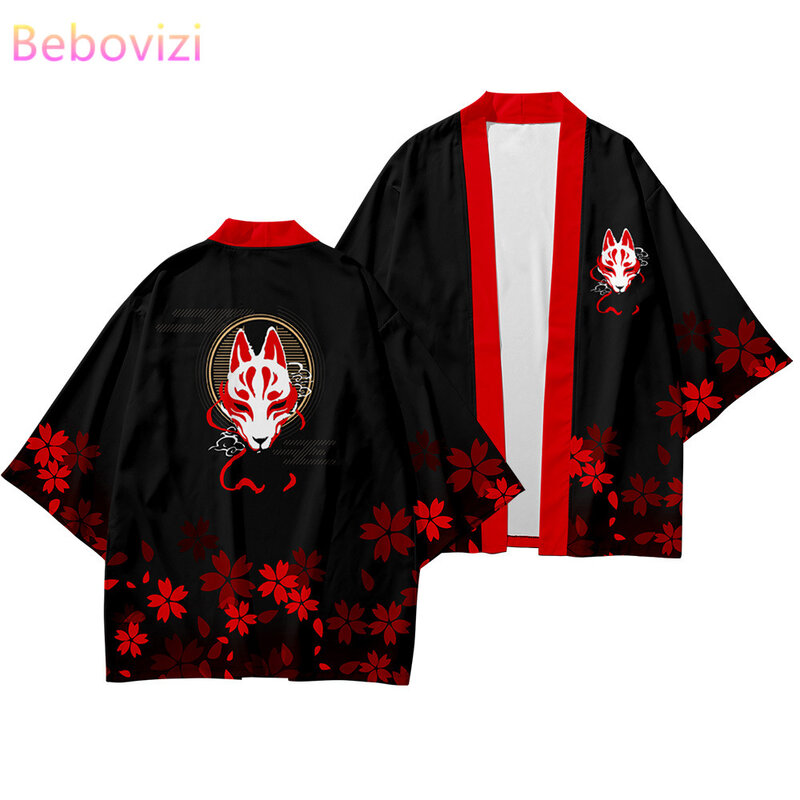 Ensemble de kimono et pantalon de mode de style japonais pour hommes et femmes, chemisier cardigan Haori Obi, vêtements asiatiques, grande taille, XS-6XL noir, renard imprimé
