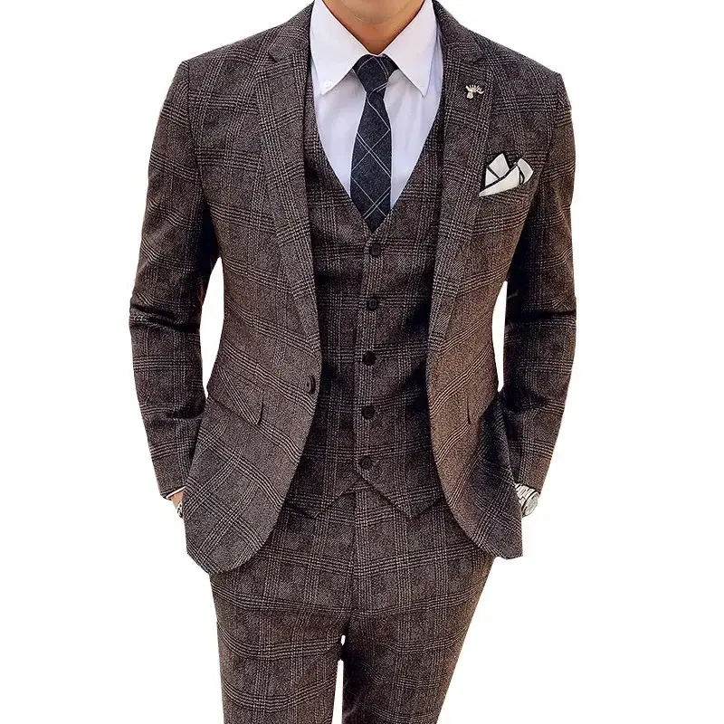 Terno masculino jaqueta colete calças moda boutique xadrez casual negócios masculino noivo casamento smoking vestido 3 peças conjunto blazers casaco