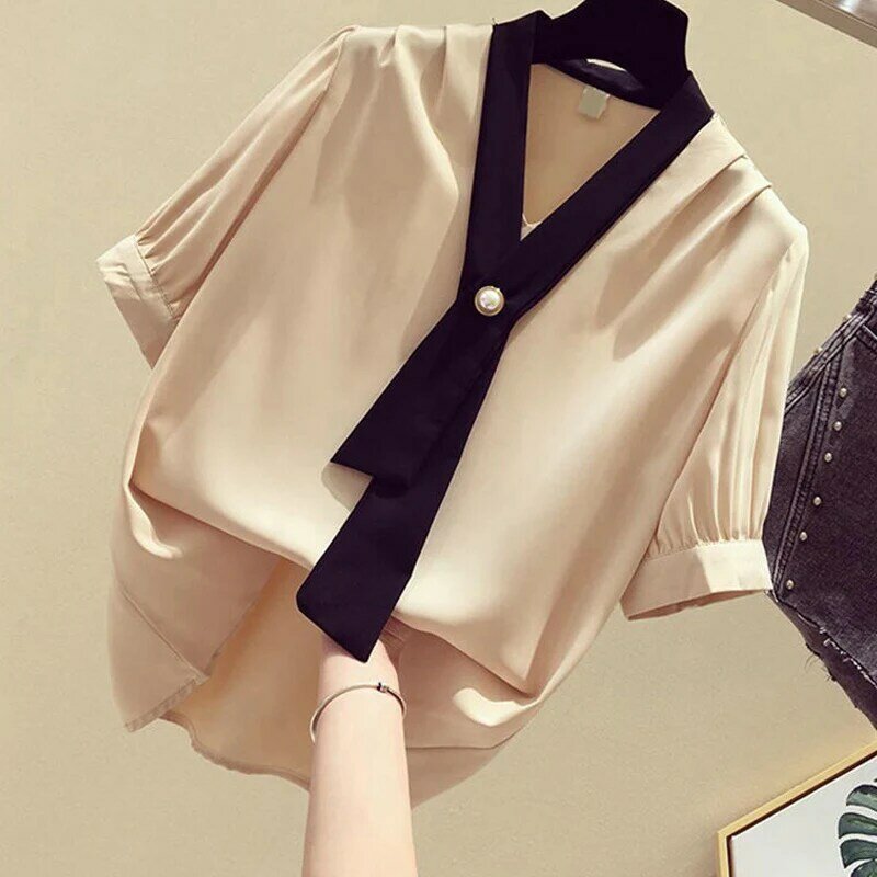 Summer New V-neck Embroidered Flares Short Sleeve Chiffon Shirt Women Fashion Elegant Loose Casual Contrast Color Patchwork Tops