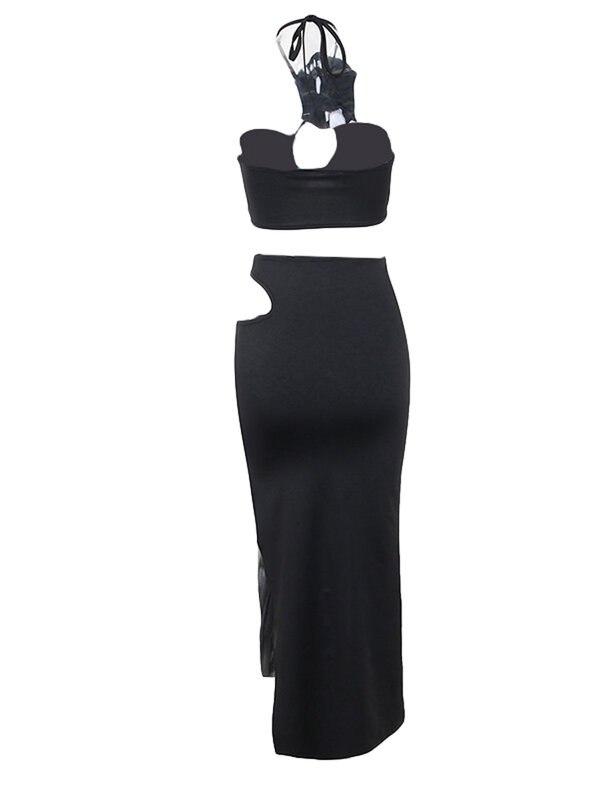 Женский комплект из 2 предметов, летний топ без рукавов с лямкой на шее и открытой спиной, облегающая длинная юбка-макси с разрезом
