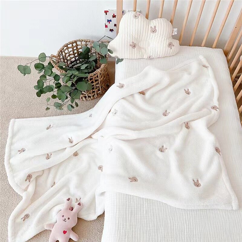 Selimut bayi bulu domba koral halus hangat, selimut kartun bedong lembut untuk bayi baru lahir kereta tidur bayi untuk laki-laki dan perempuan