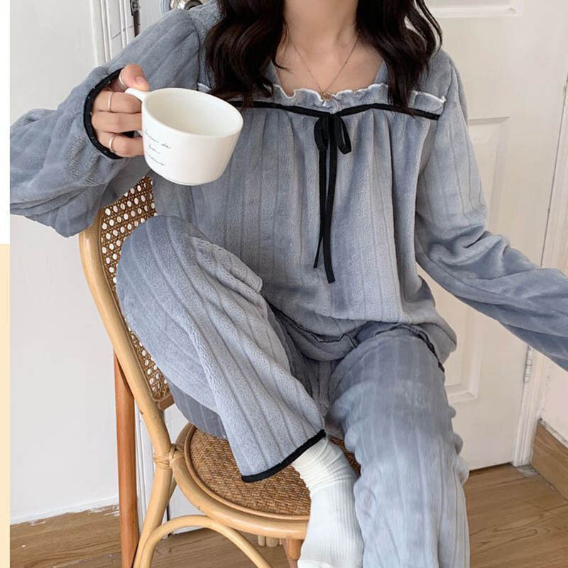 Square Collar Women Pajamas Set Winter Sleepwear Fleece Velvet 2 Piece Pant Home Suit Fluffy Korean Solid Piiama Warm Night Wear