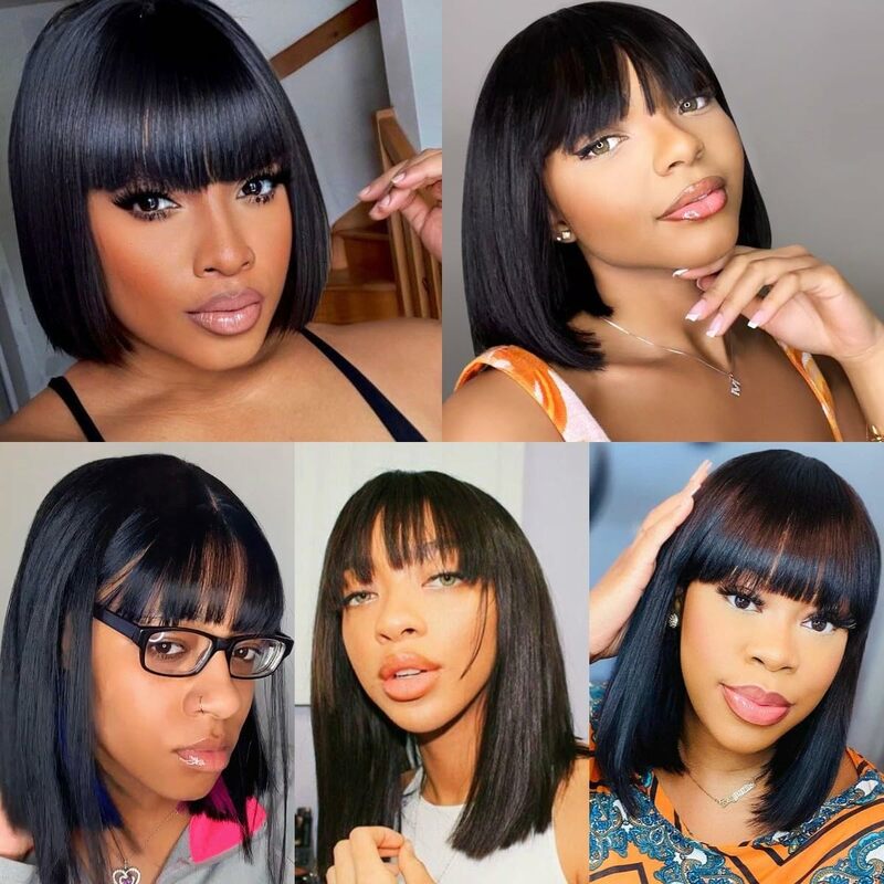 Short Bob Wig With Bangs Brazilian Remy Human Hair Wigs Full Machine Lace Realistic Scalp Glueless Straight Bob Wig With Bangs