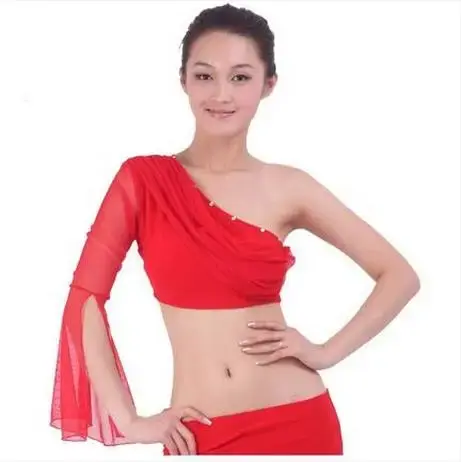 New arrival crystal cotton and mesh belly dance top momen single sleeves belly dance body tops sexy top 9 colors