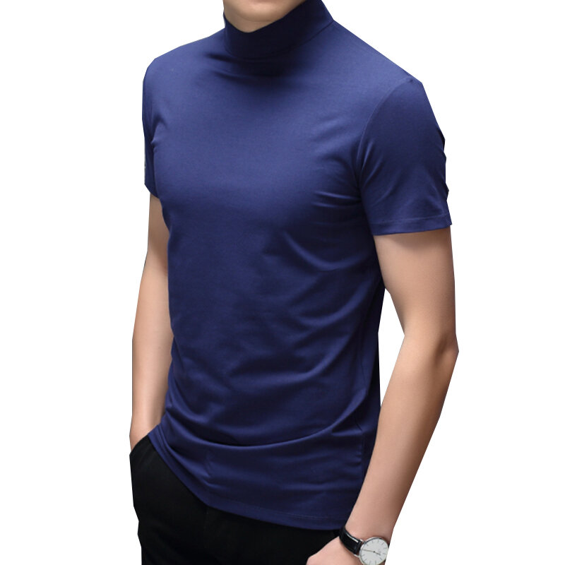 Мужская приталенная футболка из мерсеризованного хлопка, Однотонная футболка с коротким рукавом и высоким воротником, лето 2022