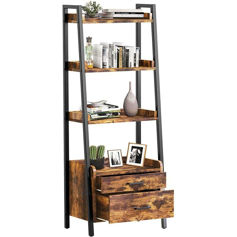 Fabato 4 Tier Display Bookcase with Ladder Shelves and Metal Frame, Rustic Brown
