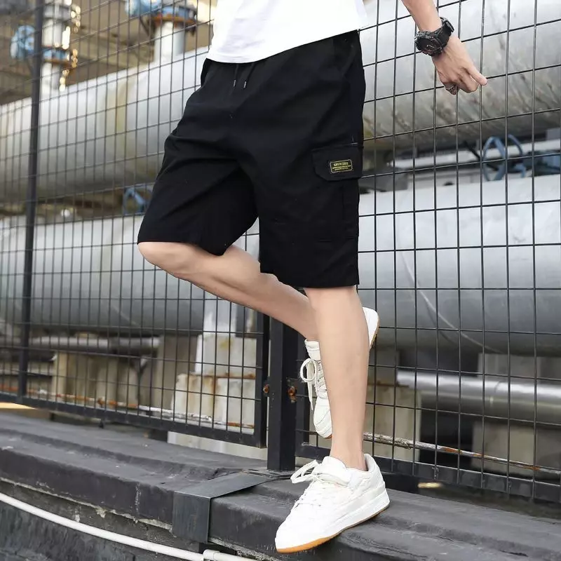 Męskie szorty bojówki szeroka luźna, luźna, męskie krótkie spodnie, elastyczna talia, czarna Harajuku, wygodna odzież męska 2024, letnia