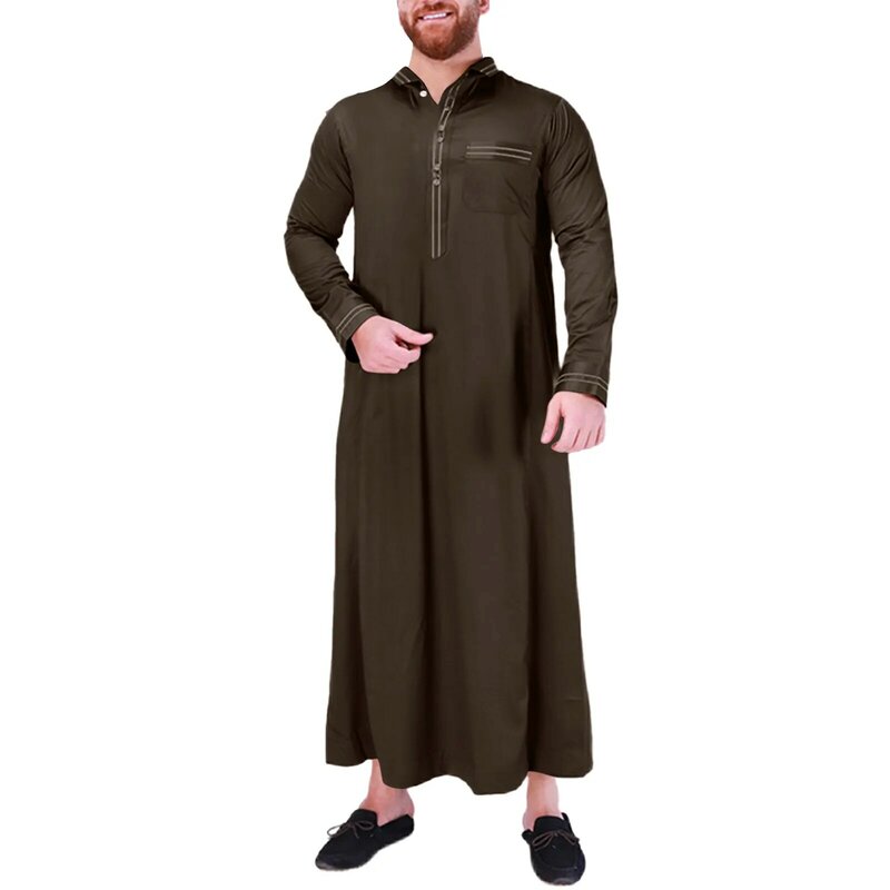 Mens Muslim Robe Summer Casual Stand Neck Solid Color Middle East Arab Long Sleeve Ethnic Style Robe Jubba Thobe Male Abaya Robe