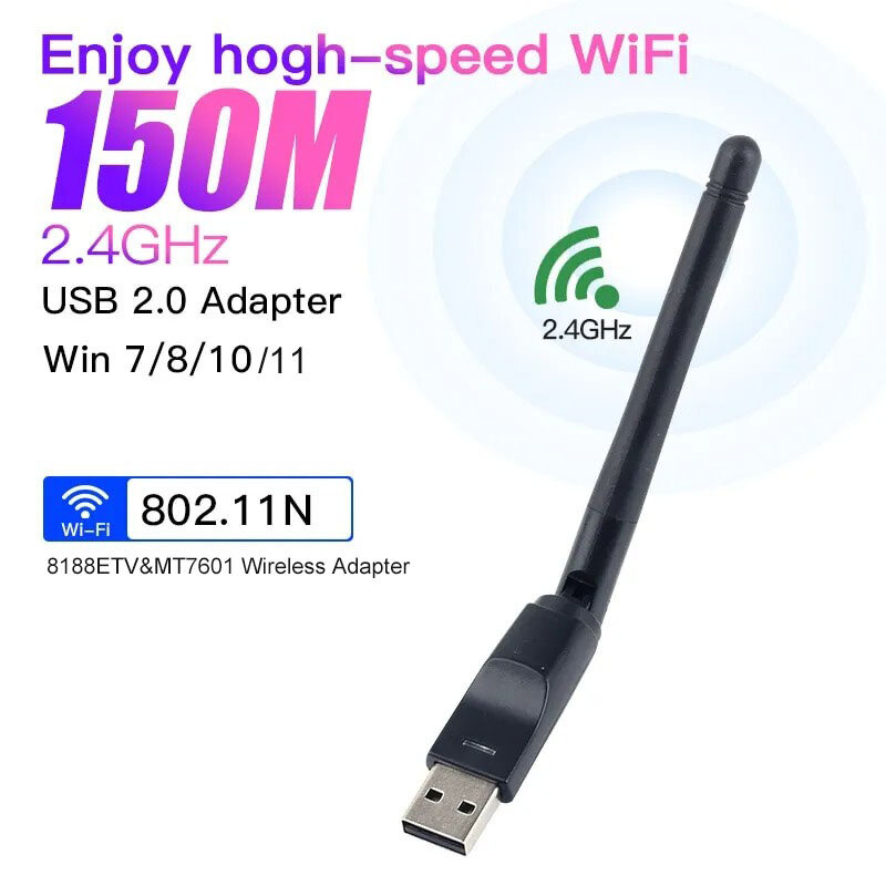 Mini adaptador WiFi USB de 150Mbps, tarjeta de red inalámbrica 8188ETV MT7601, receptor de señal de antena, Dongle para PC, portátil, Windows 7, 10, 11