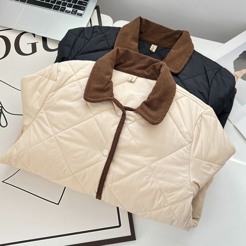 Plus Size Women's Casual Warm Parka Autumn And Winter 100KG Simple Contrast Color Lapel Thin Cotton-padded Coat