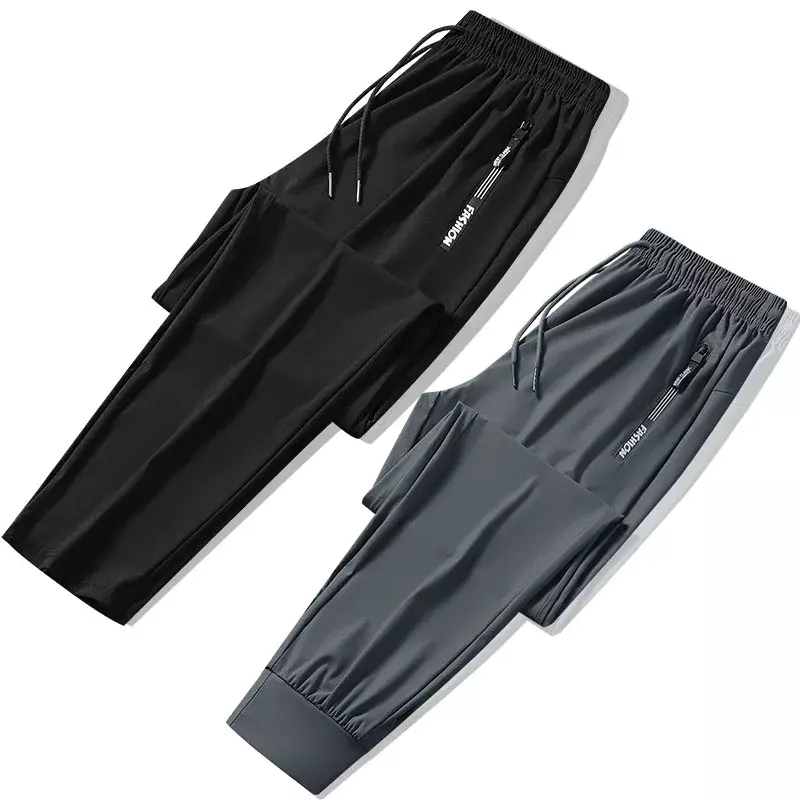 2024 New Summer Men's Casual Pants Simple Solid Color Slim-Fit Breathable Leg Trousers Zipper Design Pocket Drawstring Pants