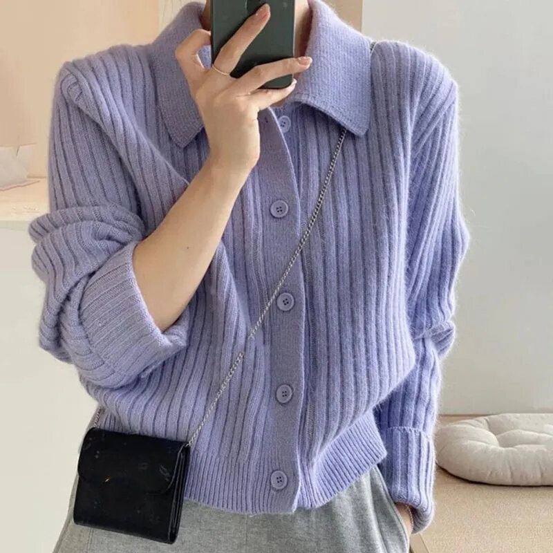 Rimocy Turn Down Knit Cardigan Women Autumn Winter Button Up Solid Color Sweater Coats Woman Long Sleeve Soft Cardigans Ladies