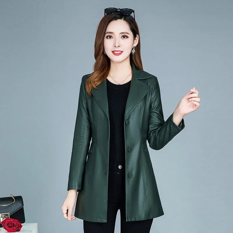 Jaqueta de couro PU feminina, casaco de couro formal, sobretudo chique, comprimento médio coreano, corta-casacos casuais finos, primavera, outono, novo