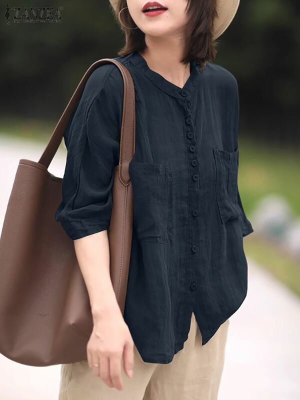 ZANZEA-Blusa Vintage Lisa para mujer, camisa informal de trabajo con cuello redondo y manga 3/4, camisa con botones, Tops elegantes, Túnica