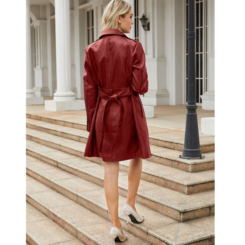 Jaket kulit PU lengan panjang untuk wanita, jaket kulit renda pinggang panjang, jaket Windbreaker PU lengan panjang, mantel Single-breasted modis warna merah untuk wanita