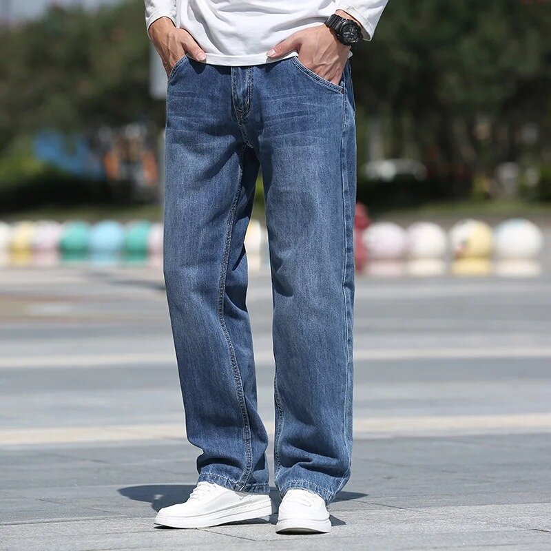 Comprimento total reto jeans masculino, calça designer, clássico, casual, marca, outono, inverno