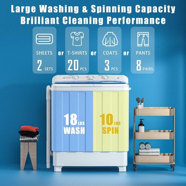 Portable Washing Machine, 28lbs Twin Tub Washer Mini Compact Laundry Machine with Drain Pump, Semi-automatic 18lbs