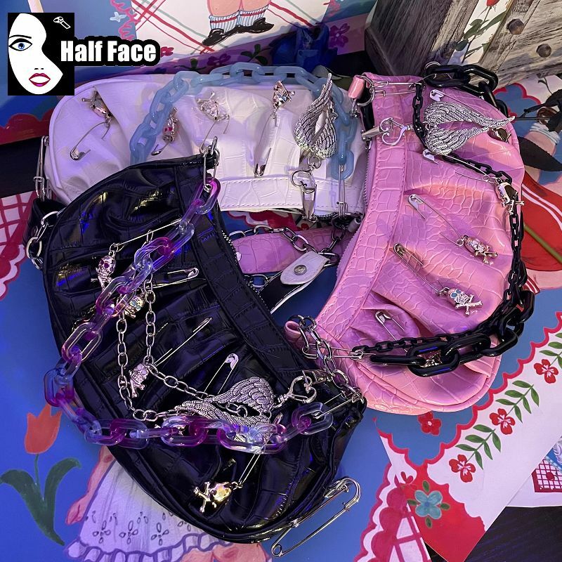Y2K tas jinjing selempang Mini wanita, tas Tote Mini Harajuku Punk logam berat gaya baru Amerika Retro ketiak satu bahu Lolita