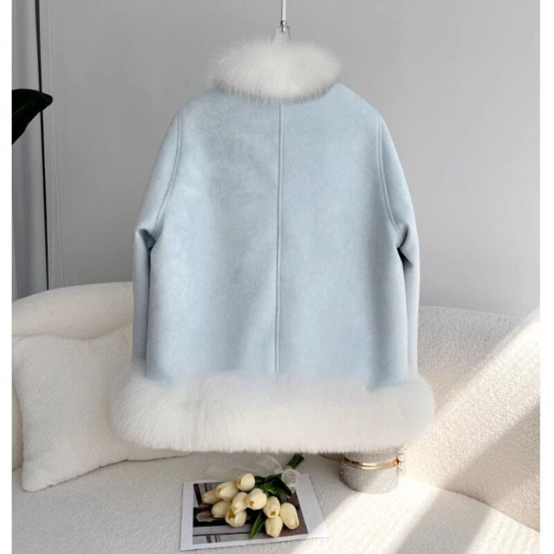Fashion musim dingin baru mantel bulu asli wanita mantel bulu rubah alami kerah bulu tebal hangat longgar garis bulu kelinci Suede pakaian luar