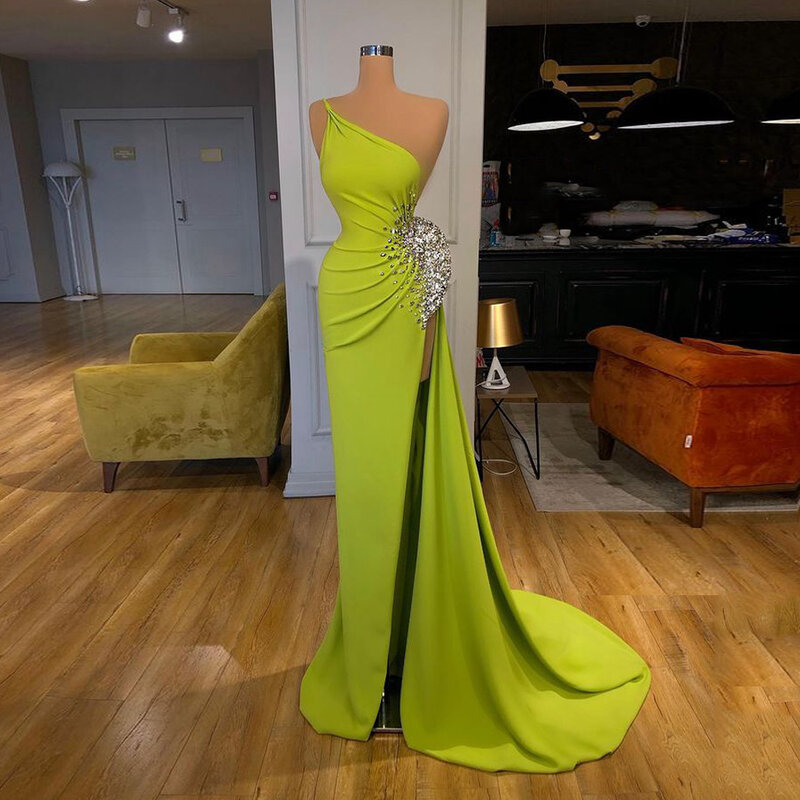 Evening Dresses Sleeveless One Shoulder Beads Rhinestones Pageant Gowns High Slit Long Prom Dress