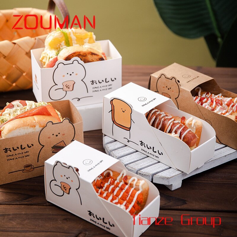 Tiroir d'emballage en papier jetable personnalisé, hot dog, pain, déjeuner, dessert, producteurs, goutte, sandwich, boîte pour aliments