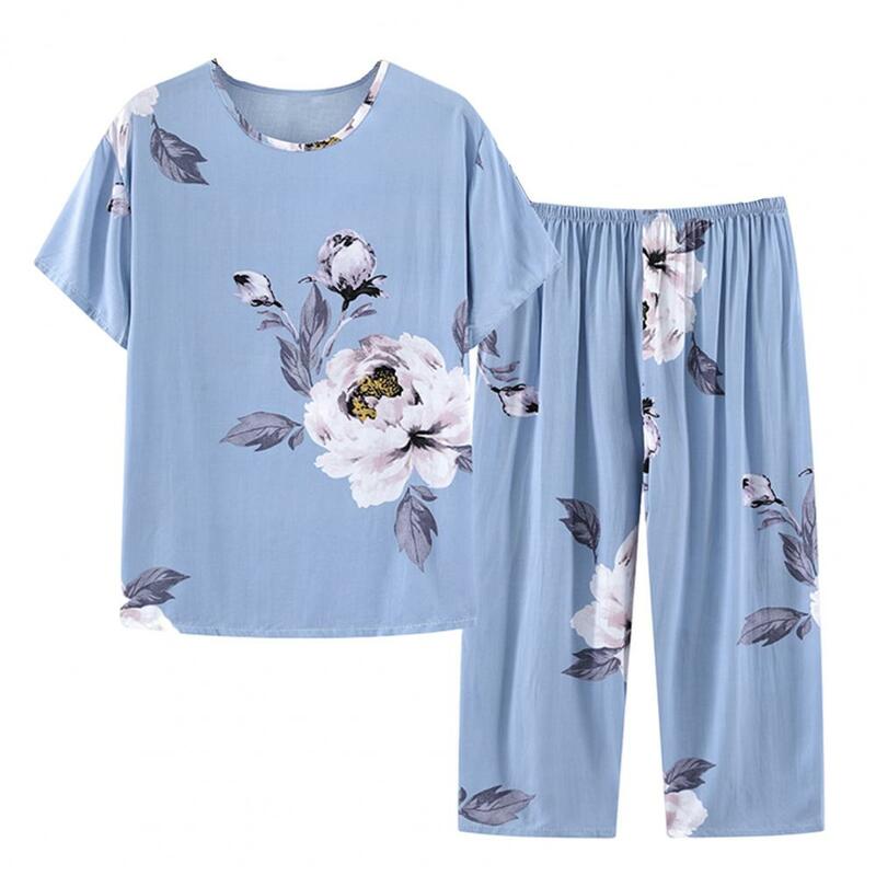Conjunto de pijama de manga corta para mujer de mediana edad, Top elegante de manga corta con estampado de flores, pantalones de pierna ancha para madre