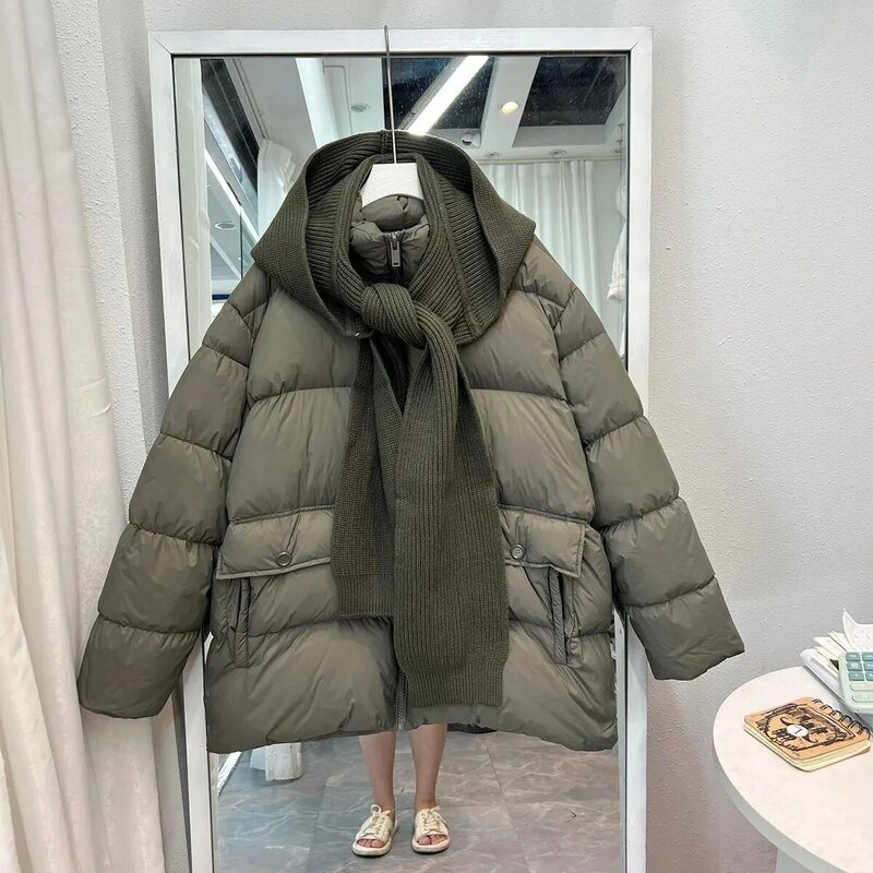 Зимнее женское пальто, свободная вязаная куртка со съемным капюшоном, новая Корейская куртка на 90% белом утином пуху, женское повседневное пуховое пальто на молнии