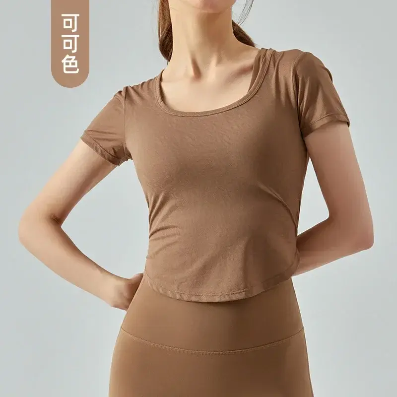 Jacquard Holle Slanke Yoga Slanke Sport Shirt Met Korte Mouwen Kort Ademend Sneldrogend T-Shirt Yogakleding Voor Dames