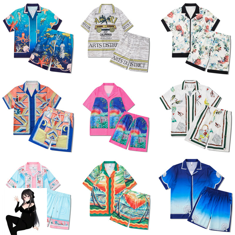 Conjunto de camisa corta y pantalón corto para hombre y mujer, traje de Surf con estampado de múltiples versiones, tela fina, Playa hawaiana, vacaciones