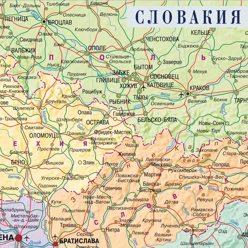 Карта Города Словакии на русском языке 60*60 см