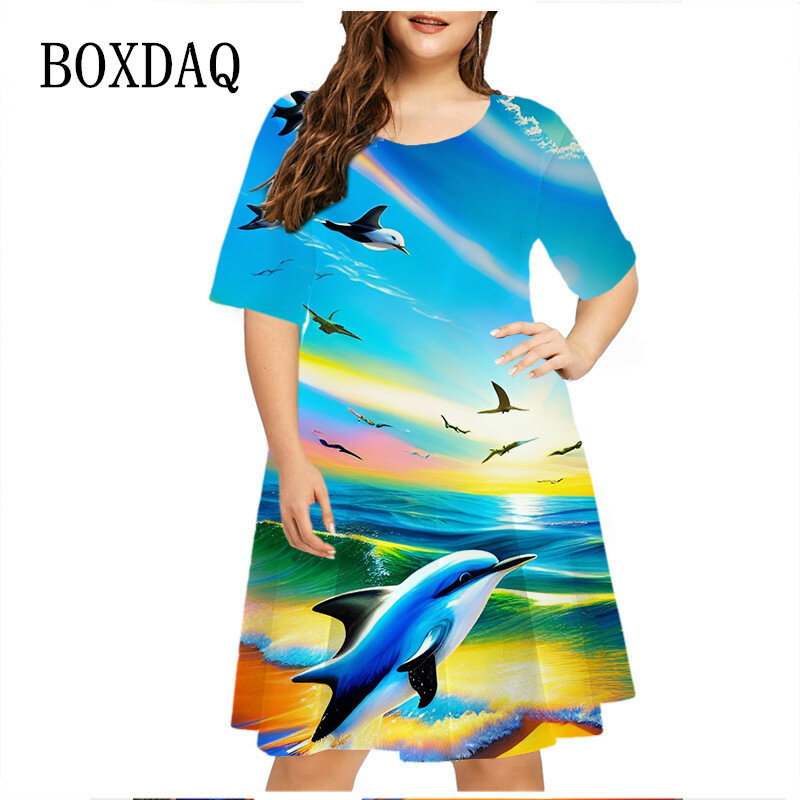 Vestido baleia oceano feminino, Cenário arco-íris, vestido manga curta, elegante e casual estampa praia do verão, roupas femininas tamanho grande, 6XL