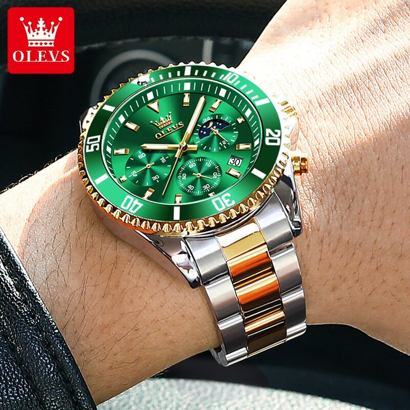 OLEVS นาฬิกาควอตซ์หน้าปัดสีเขียวแฟชั่นสแตนเลสแบรนด์ชั้นนำกันน้ำนาฬิกาโครโนกราฟสำหรับผู้ชายคลาสสิกเรืองแสง