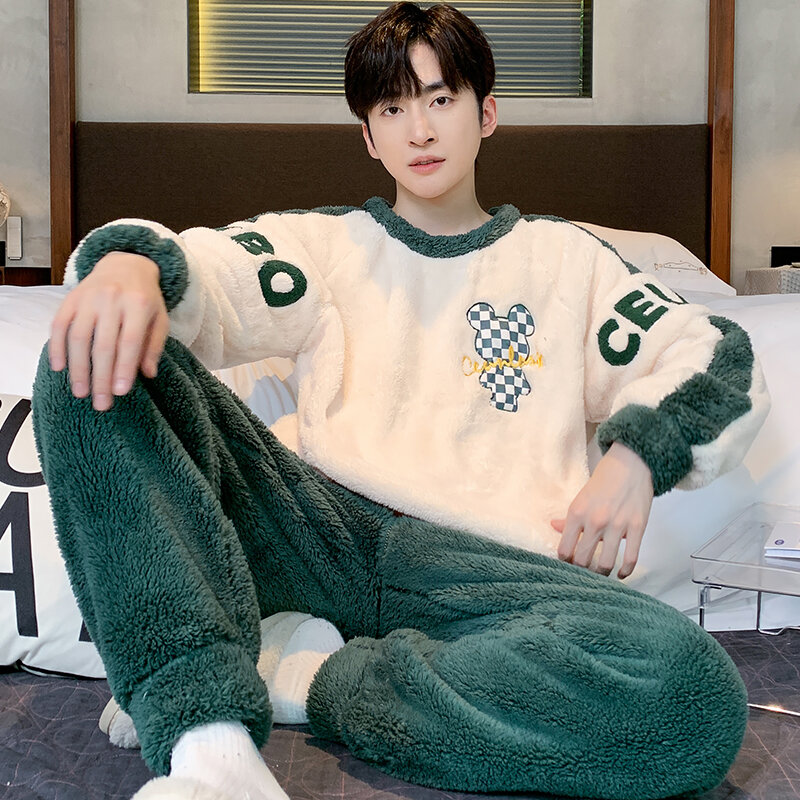 Korean Winter Men's Flannel Sleepwear 2Pcs Set Home Clothes O Neck Coral Fleece Nightwear Youth Boy Casual Loungewear Dropship
