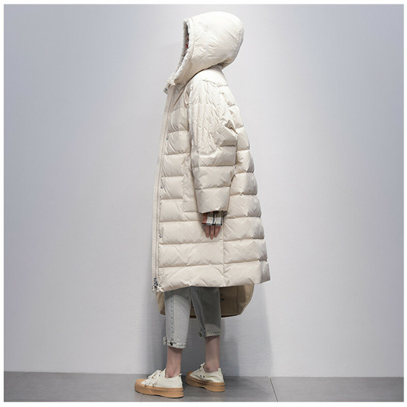 2022 inverno novo coreano preto com capuz para baixo neve jaqueta feminina moda casual solto 90% pato branco para baixo casaco engrossar longo parkas