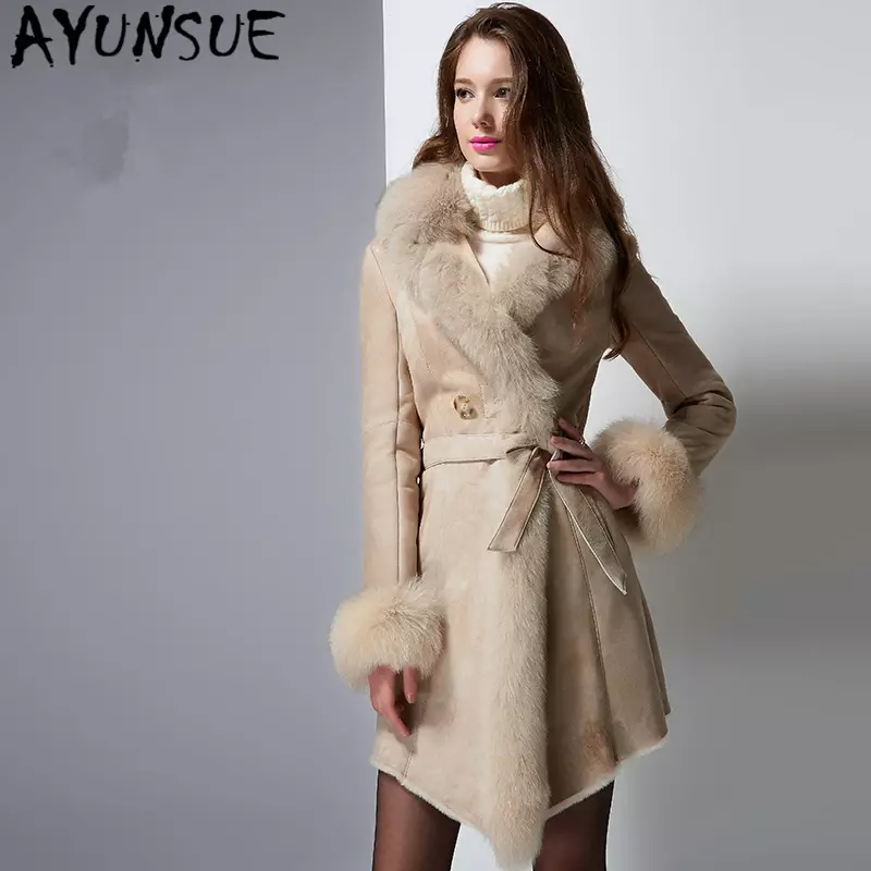 AYUN-abrigo de piel auténtica para mujer, chaquetas Vintage de piel Natural de doble cara con cuello de piel de zorro, chaqueta de invierno, AP58, 2020