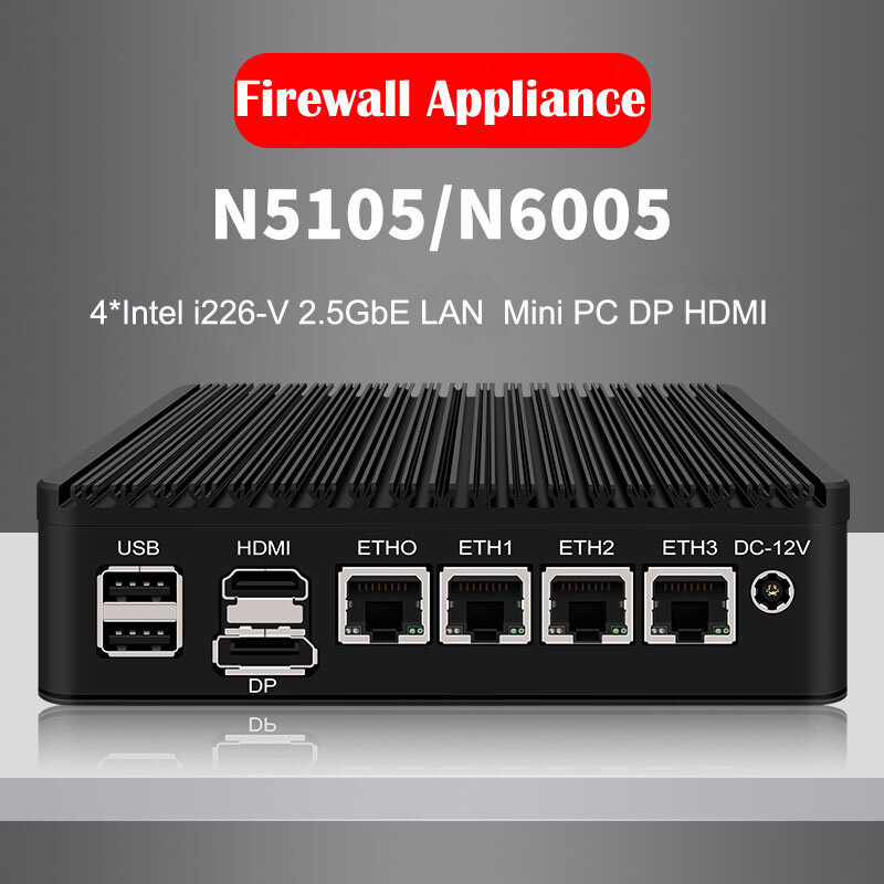 Mini PC sans ventilateur 4 Intel i226-V 2.5 Go LAN N6005 N5105 2 * NVMe TPM2.0 Commutateur Soft Router ExploServer ESghts Pare-feu robuste