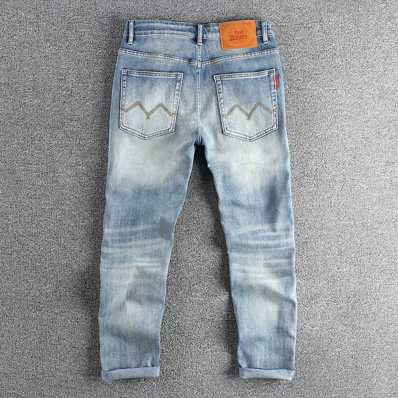 Summer fashion men new simple retro wash to do old ground white jeans pocket ricamo fashion pants