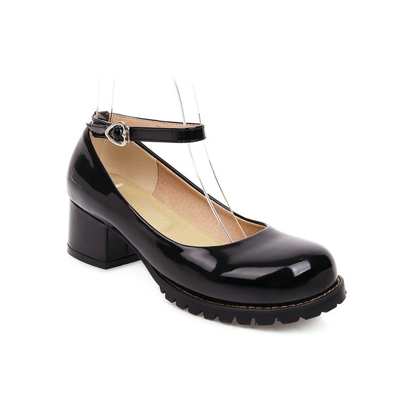 女の子のためのエレガントな革の靴,特許取得済みの革の靴,プリンセススタイル,厚いヒールと丸いつま先,黒,30-46