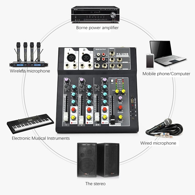 オーディオミキサー,4チャンネル,USB, Bluetooth, 48v,産業用電源プラグ用サウンドボード