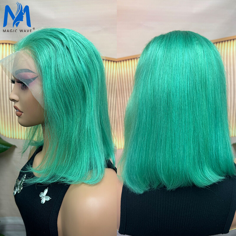 Wig rambut manusia Bob lurus warna-warni hijau muda untuk WANITA HITAM 13x4 renda 180% ketebalan wig rambut Remy Brasil