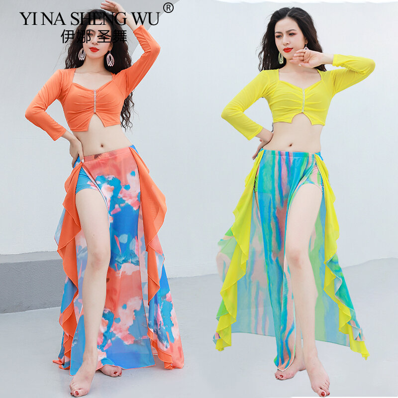 Belly Dance Costume Oriental Dance Clothing for Women Mesh Top+printed Long Skirt Dancewear Performance Training Dancing Clothes