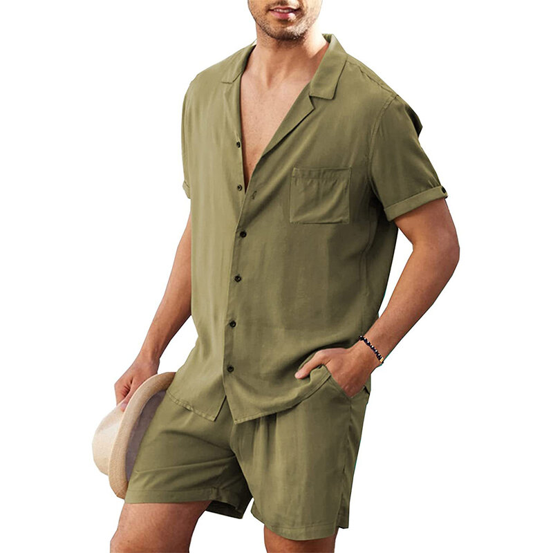 Conjunto solto estampado havaiano masculino, mistura de algodão, estampa floral, manga curta, roupa de 2 peças, tops e shorts, casual
