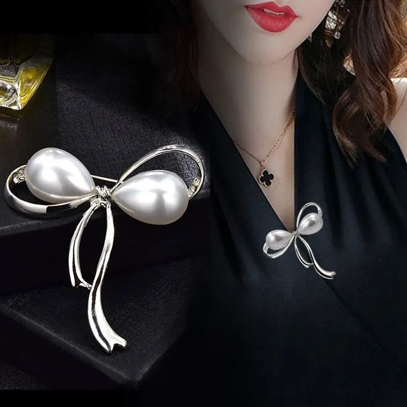 1PC Elegant White Crystal Pearl Fashion Pearl Fixed Strap Charm Safety Pin Brooch Sweater Cardigan Clip Chain Brooches Jewelry